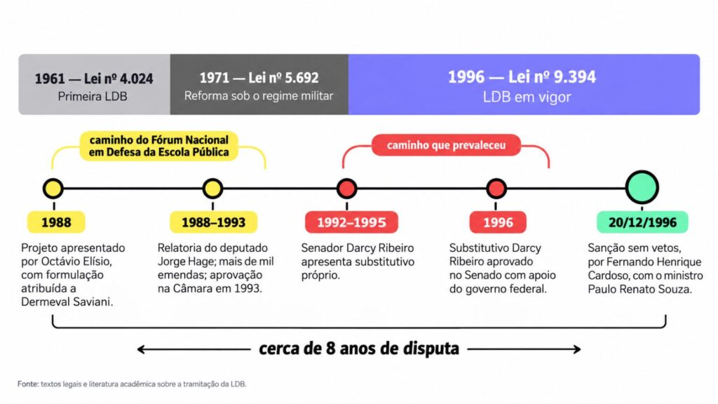 Linha do tempo das três LDBs brasileiras, de 1961 e 1971 até a Lei 9.394, sancionada em 20 de dezembro de 1996.