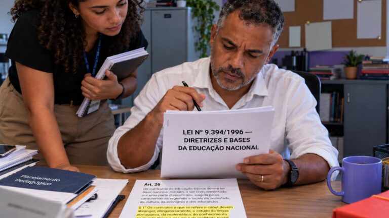 Coordenador pedagógico analisa o texto da LDB sobre a mesa, ao lado de post-its e currículo impresso da rede.