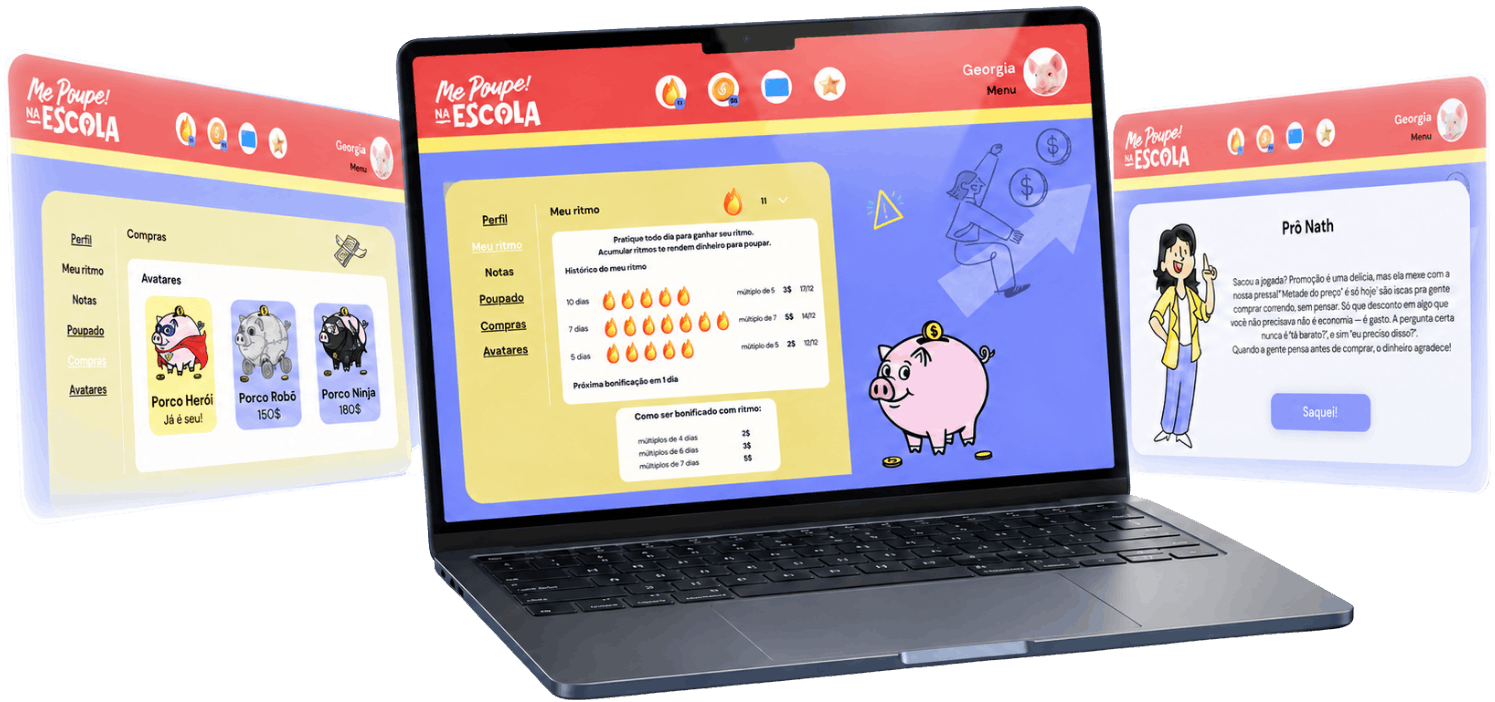 Telas da plataforma de jogos do Me Poupe! na Escola em computador e celular