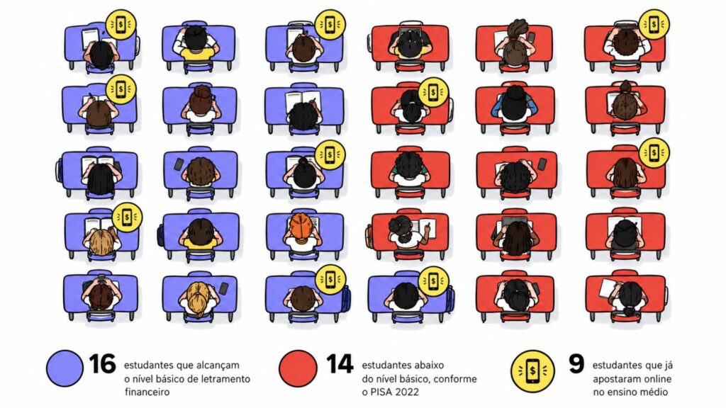 Sala com 30 carteiras: 14 estudantes brasileiros de 15 anos estão abaixo do nível básico de letramento financeiro no Pisa 2022